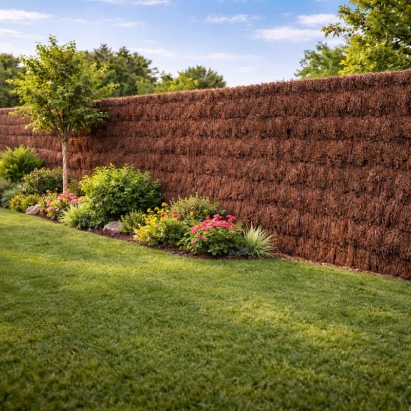 Clôture en brande de bruyère naturelle installée dans un jardin avec gazon pour occultation extérieure
